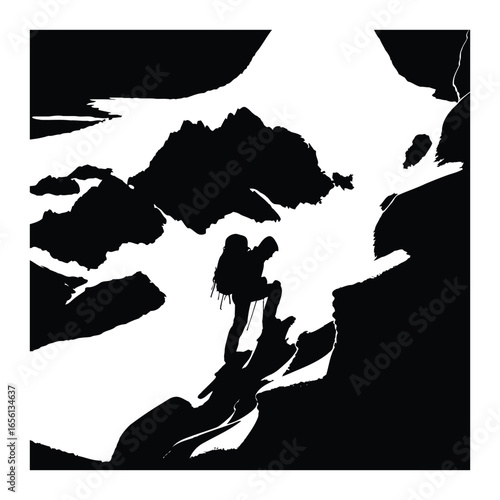 Solo climber ascending a snow covered mountain peak