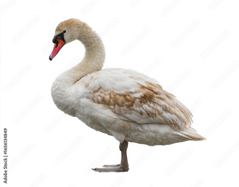 Fototapeta premium In a stunning display of natural beauty, a majestic swan stands proudly, highlighting its sleek contours and the gentle balance of its surroundings