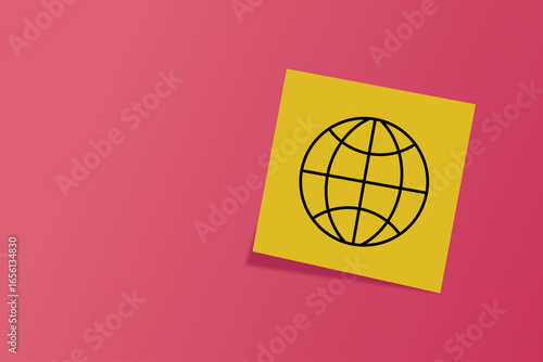 a yellow square card with a black minimalist icon of a human head containing a globe symbol inside. It represents global thinking, internet, worldwide connection, or digital mindset. interner. local. 