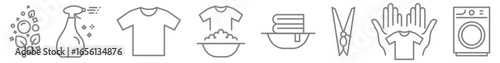 Laundry self service line icons set in minimal thin outline style editable stroke. Washing machine, detergent, clothing care symbols perfect for laundromat, cleaning, washing, and household themes.