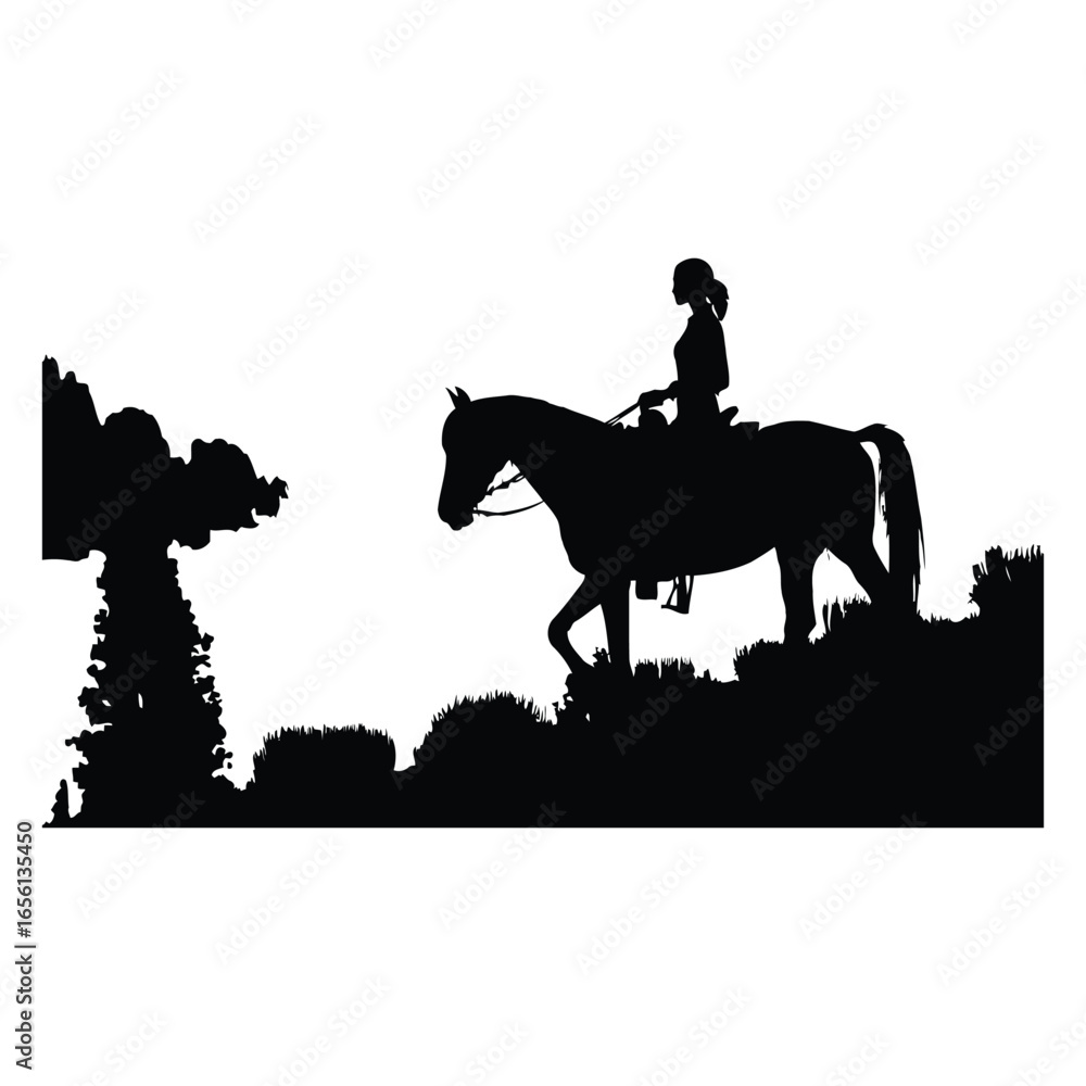 Naklejka premium Silhouette of a woman riding a horse against a mountain backdrop