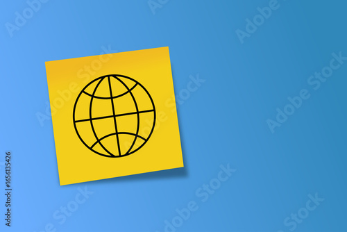 a yellow square card with a black minimalist icon of a human head containing a globe symbol inside. It represents global thinking, internet, worldwide connection, or digital mindset. interner. local. 