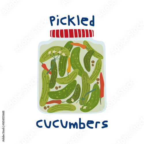 Abstract simple bright poster in retro cartoon style. Decor for wallpaper, walls and postcards. Pickled cucumbers with spices and herbs in flat groovy style