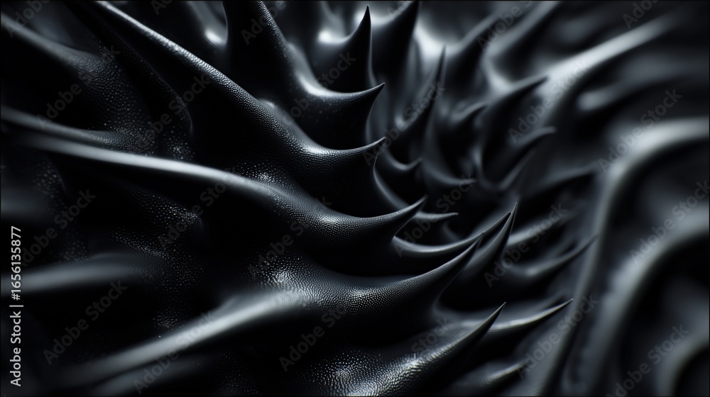 Fototapeta premium Obsidian Vortex Abstract 3D Render of Dark Glossy Spiked Swirls.