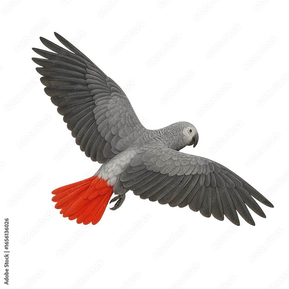 Obraz premium Pappagallo cenerino (Psittacus erithacus) in volo, isolato su sfondo trasparente – vista da dietro 3/4 (intera figura)