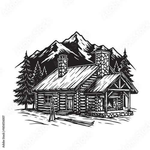 Monochrome illustration of a cozy log cabin with fireplace, mountains, and ski equipment