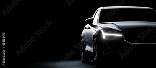 Luxury black sports car in low key lighting with dramatic shadows, sleek design concept showcasing elegance and performance in dark studio background, copy space