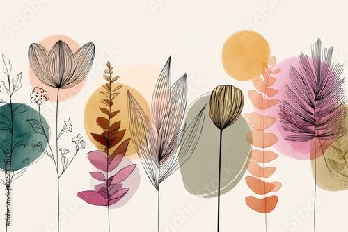 Minimalist botanical illustration featuring abstract leaves and plants with organic shapes and soft pastel colors, modern vector line art design inspired by nature and Scandinavian decor