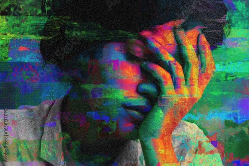Abstract glitch portrait with vibrant neon colors, digital distortion and psychedelic effects, surreal head image in modern cyberpunk style representing digital chaos and emotion