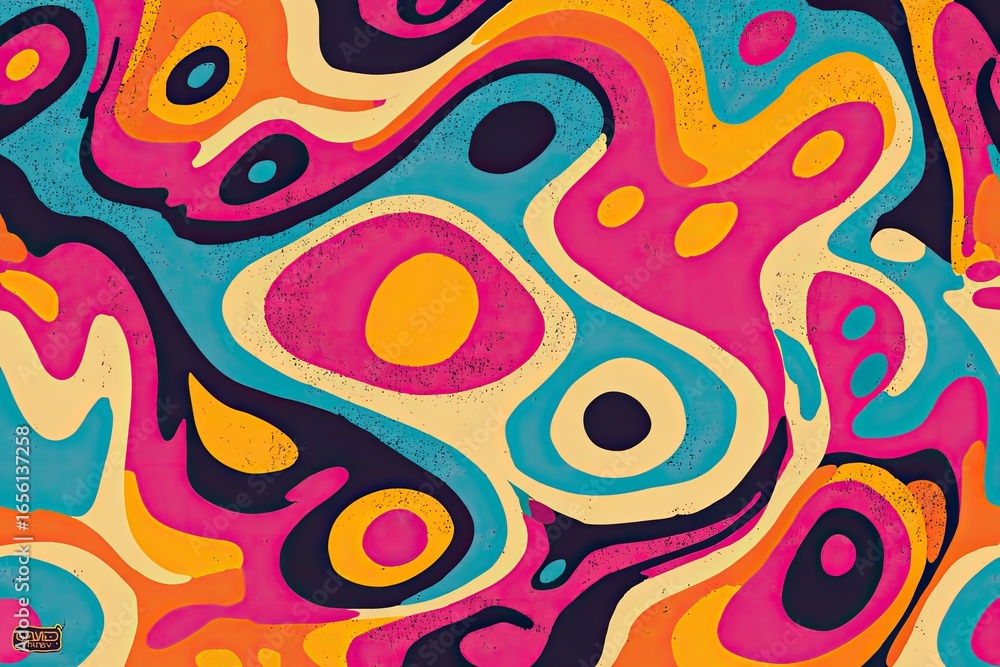 Fototapeta premium Retro psychedelic pattern with vibrant swirling shapes and bold colors, 1970s aesthetic digital illustration, trendy colorful stock design background.