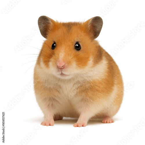 Criceto dorato (Mesocricetus auratus) isolato su sfondo trasparente, vista frontale 3/4 (intera figura)