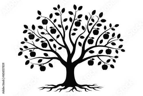 Black and white silhouette of a fruit tree with apples and roots apple tree