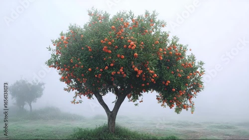 Orange tree with ripe fruit in foggy landscape at dawn,  captured as the natural essence behind essential oils of wild orange, neroli, petitgrain, citrus fruits, and orange juice
