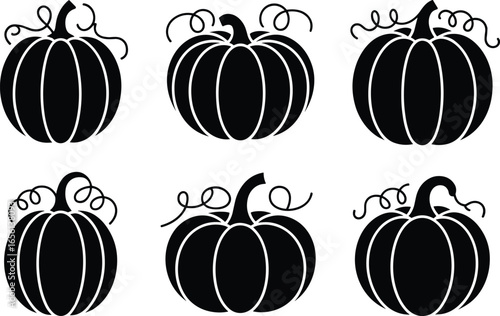 Black Pumpkin Silhouette Set – Decorative Fall, Autumn, Halloween Vector Icons with Swirls for Seasonal Art, Craft, and Harvest Design Projects