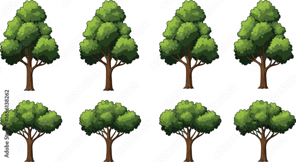 Fototapeta premium Collection of cartoon trees with lush green leaves and sturdy brown trunks, perfect for nature, forest, environment, landscape, garden, and outdoor-themed digital art or design.