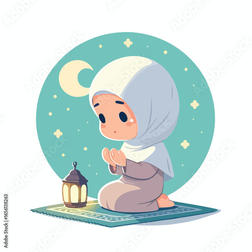 Vector image of a little Muslim woman praying
