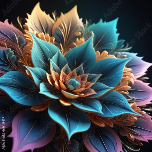 Abstract Floral Design Intricate Petals in Blue, Gold, and Purple Tones