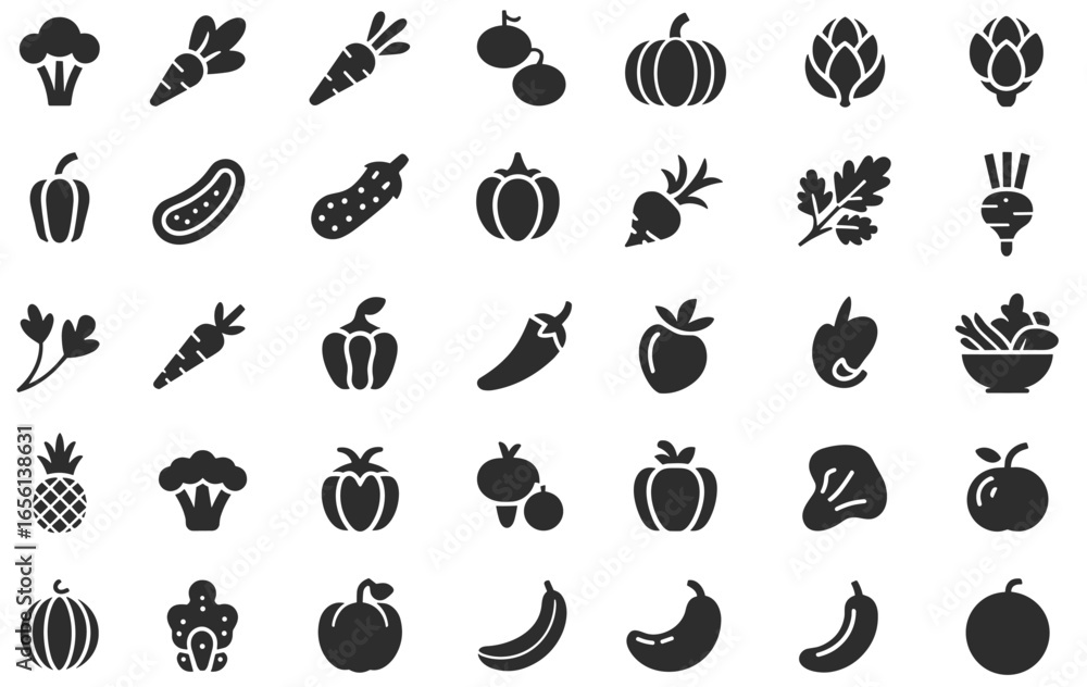 Fototapeta premium Collection of 30 black and white icons depicting various fruits and vegetables broccoli carrot