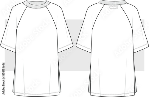 Raglan Sleeve Dress, Fashion Technical Drawing, illustration. Front and Back View. Home wear, sleepwear, midi dress Vector, CAD, Flat Sketch, Template, Mockup.