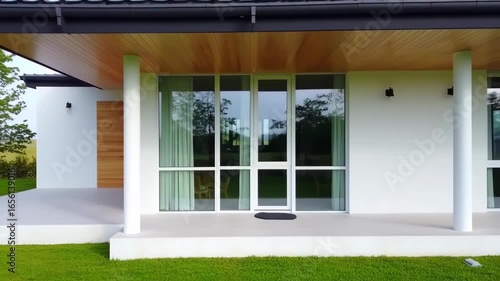 Modern house exterior with a covered patio