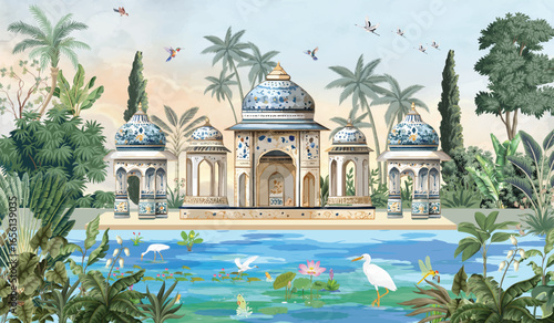 Moroccan Garden Illustration, Wall Mural, Moroccan Wallpaper, Birds, Watercolor Background.