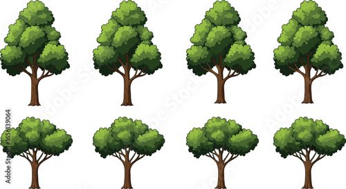 Collection of cartoon trees with lush green leaves and sturdy brown trunks, perfect for nature, forest, environment, landscape, garden, and outdoor-themed digital art or design.