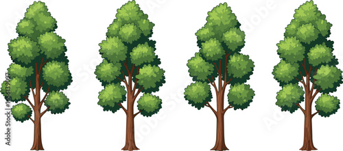 Collection of cartoon trees with lush green leaves and sturdy brown trunks, perfect for nature, forest, environment, landscape, garden, and outdoor-themed digital art or design.