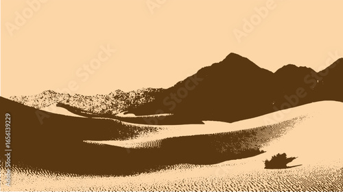 Desert landscape with dunes, sand, and mountains. Minimal flat vector illustration with brown and tan monochrome texture.
