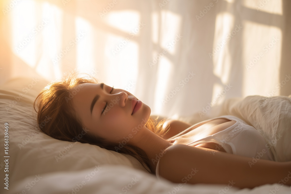 Obraz premium Woman sleeping peacefully in morning sunlight