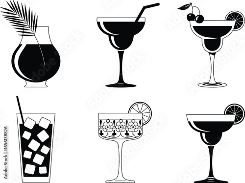 Elegant Cocktail Glass Icon Set – Stylish Black Drink Silhouettes with Garnishes for Bar Menu, Mixology, Summer Party, and Beverage Design Use