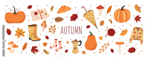 Autumn collection with cozy seasonal elements. Pumpkins, leaves, mushrooms, umbrella, sweater, socks and acorn. Fall set decor. Vector illustration.