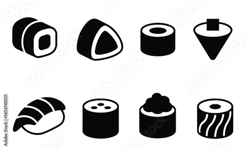 Eight black and white isometric sushi icons on a white background vector