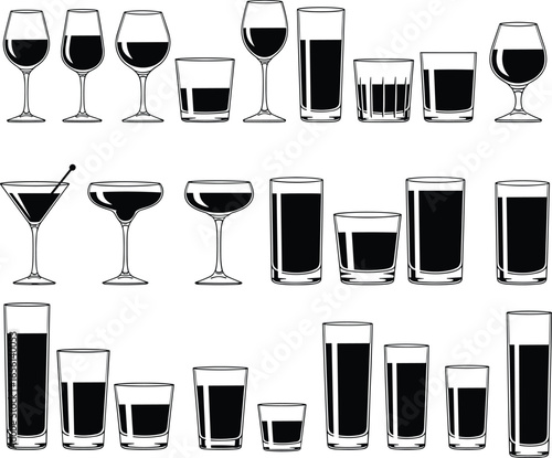 Elegant variety of drinking glasses in multiple styles and shapes, filled with dark beverages, arranged neatly in rows for barware and drinkware presentation themes