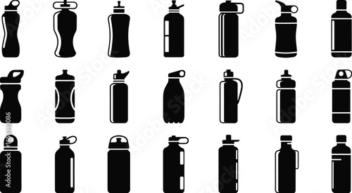Reusable Water Bottle Icon Set – Variety of Sports, Fitness, and Travel Hydration Containers in Silhouette Style for Eco-Friendly and Active Lifestyle Designs