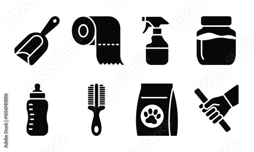 Set of eight black and white icons for pet care and cleaning vector