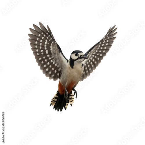 Picchio rosso maggiore (Dendrocopos major) in volo, isolato su sfondo trasparente – vista frontale 3/4 (intera figura)