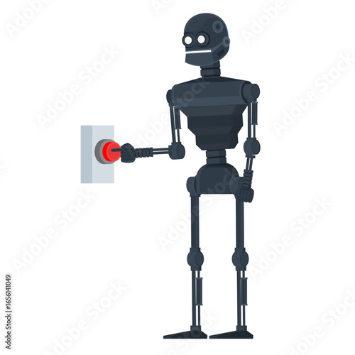 Robot presses the red button. Robot turns on the device, vector illustration