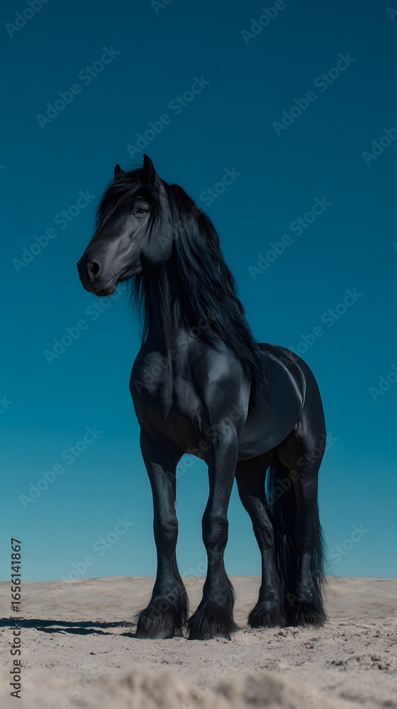 Fototapeta premium Black Stallion on Road in Desert Scene