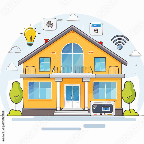 Smart home vector illustration with connected devices and mobile control. Ideal for IoT, home automation, and technology lifestyle projects.