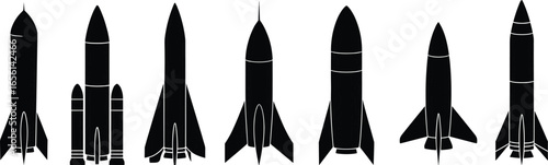 Seven unique black rocket silhouettes in various designs, showcasing different fins, boosters, and structures, arranged in a row for space exploration and technology themes
