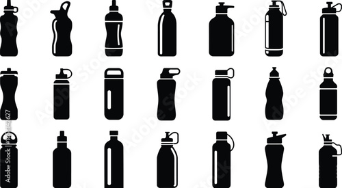 Silhouette Water Bottle Icon Set – Variety of Sports, Gym, Travel, and Reusable Drink Containers for Eco Lifestyle, Fitness, and Hydration Design