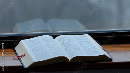 book on windowsill with raindrops on glass – seamless loop
