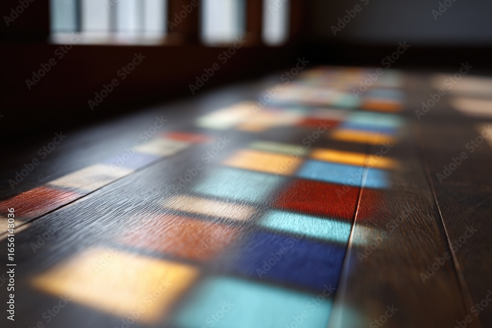Obraz premium Sunlight casts vibrant patterns on wooden floor, showcasing colo