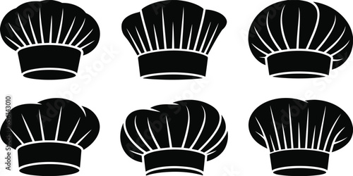 Six black chef hat silhouettes with unique shapes and pleat designs, arranged in two rows, perfect for culinary, cooking, and restaurant branding themes