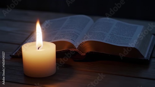 book and candle on wooden table in dim room – seamless loop
