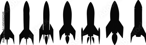 Six distinct black rocket silhouettes in various shapes and designs, arranged in a row, ideal for space exploration, aerospace engineering, and technology themes