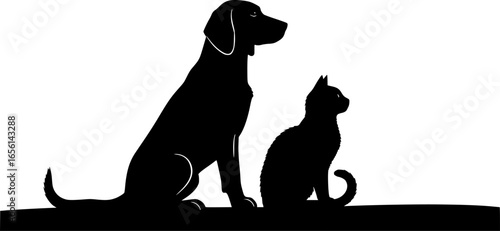 a silhouette of a dog and a cat, the dog is sitting tall with floppy ears and a long tail, the cat is sitting with its tail curled, simple, clean lines

