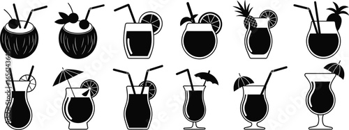 Tropical Cocktail and Drink Silhouettes with Straws, Citrus Slices, Umbrellas, and Pineapple Garnishes for Summer Bar, Party, and Beverage Designs