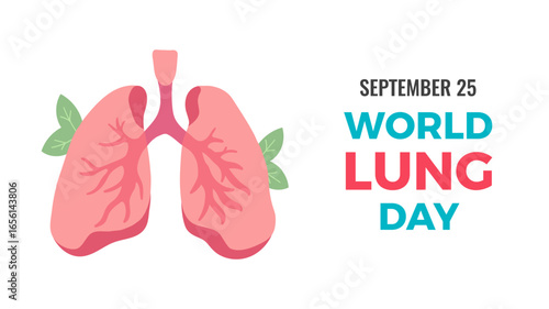 Vector illustration celebrating World Lung Day on September 25. Healthy human lungs accented with green leaves, symbolizing health and vitality. Simple flat design banner