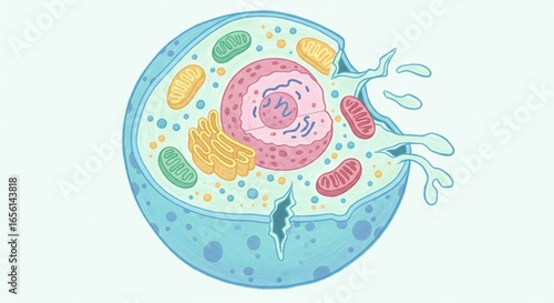 Detailed scientific illustration of a biological animal cell rupturing, showing internal organelles and cytoplasm splashing out